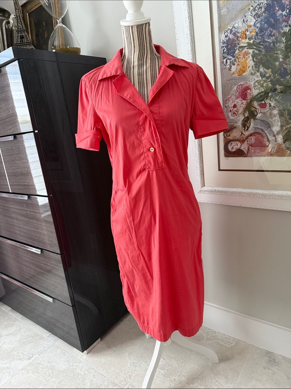 Jil Sander Coral-Red Short Sleeve Midi Shirt Dress